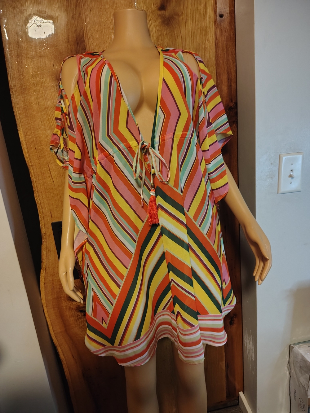 Violet Sky Retro Rainbow Stripe Kaftan Beach Coverup Tunic Dress with Tassels